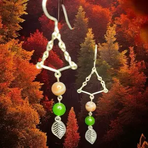 Autumn Vibes Handcrafted Silver Plated Copper Wire Earrings with Botswana Agate & Taiwanese Green Jade 8 mm Beads & Leaf Charm
