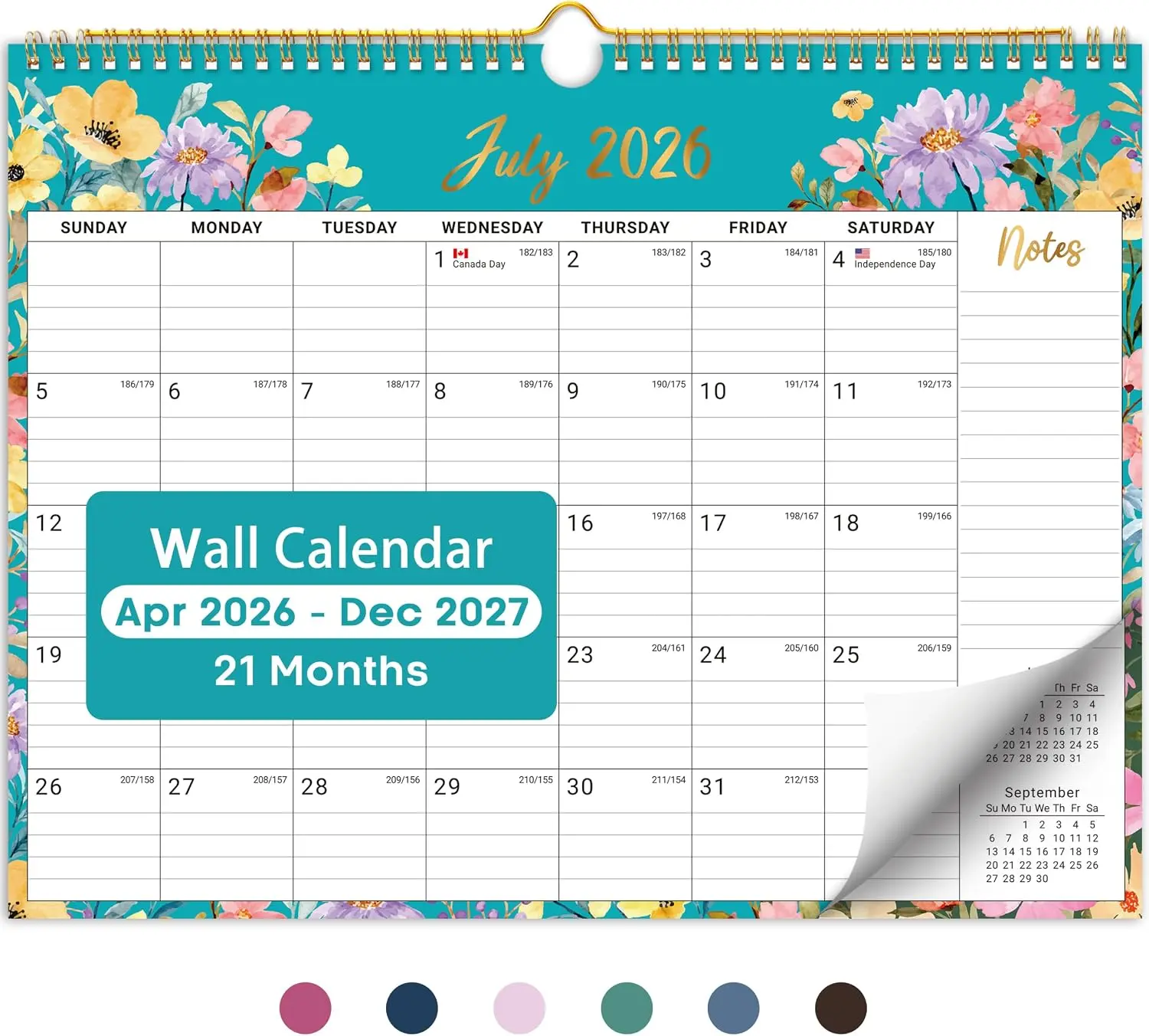 2026-2027 Floral Monthly Wall Calendar, 21-Month (Apr 2026-Dec 2027), 14.7"x11.5" Spiral-Bound Hanging Calendar for Home & Office Planning Organization (Office Stationery)