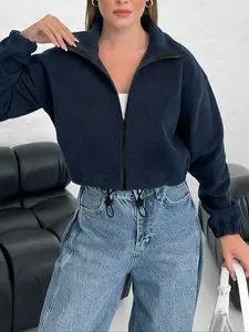 Women's Fall Winter Fashion Loose Fit High Neck Zipper Drawstring Short Plush Sweatshirt Jacket Tops, Casual Long Sleeve Outerwear Coat