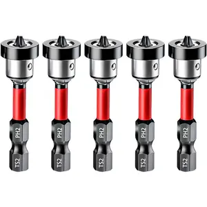 5pcs Drywall Screw Setter, Magnetic Positioning Screwdriver Bits PH2 Bits, 1/4" Hex Shank Drywall Screw Bit, Plasterboard Screws Locating Batch Head Drilling Tools, 50mm