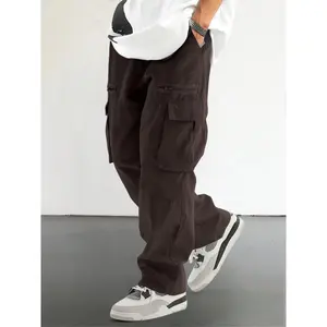 Unisex Loose-Fit Solid-Color Cargo Pants with Pockets, Drawstring and Zip Fly, Casual Comfy Woven Trousers for Everyday Outdoor Wear, Streetwear Style, Suitable for All Seasons