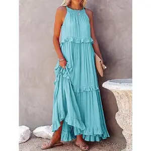 Summer Vacation Style Ruffled Long Dress Wide Hem Flowy Beach Dress for Women