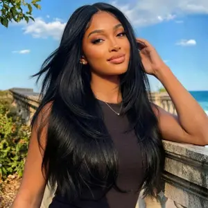【24''=$129 】Sunber 13x4 HD Lace Front Wigs 200% Density Layered Cut Slight Yaki Straight Wigs With Drawstring Pre Bleached Tiny Knots Glueless Ready To Wear Natural Black Wigs Summervibes Memorial Day summerwins