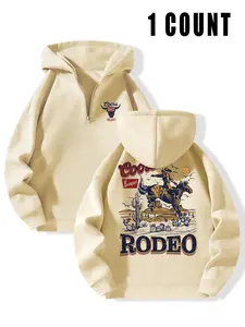 Men's Regular Fit Letter & Cowboy Print Zip Up Thermal Lined Hoodie, Casual Drop Shoulder Long Sleeve Hooded Sweatshirt for Fall & Winter, Men's Clothes for Daily Wear, Casual Street Style, Mens Clothing