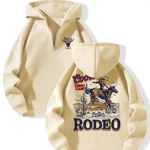 Men's Regular Fit Letter & Cowboy Print Zip Up Thermal Lined Hoodie, Hoodie Sweatshirts, Casual Drop Shoulder Long Sleeve Hooded Sweatshirt for Fall & Winter, Casual Fashion Sweatshirt, Men's Clothes for Daily Wear, Mens Clothing