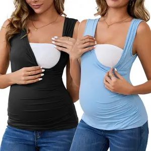INSPIRE CHIC Women's 2 Pack Crossover Ruched Maternity Sleeveless T-Shirt Breastfeeding Tank Vest Nursing Top