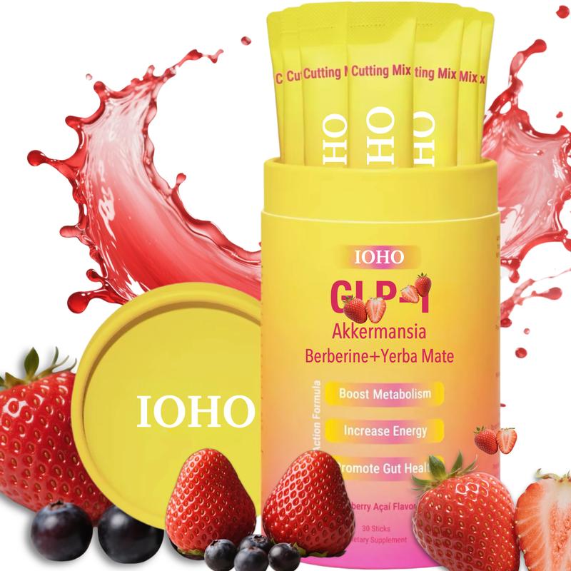IOHO Cutting Drink Mix Akkermansia– Berberine, 5-HTP,Chromium, Yerba Mate & Magnesium | Strawberry Açaí Flavor – 30 Servings