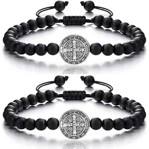 Catholic Bracelet Saint Benedict, 2 count Medal Bracelet Adjustable String Bracelets Religious Gifts for Men Women Gifts