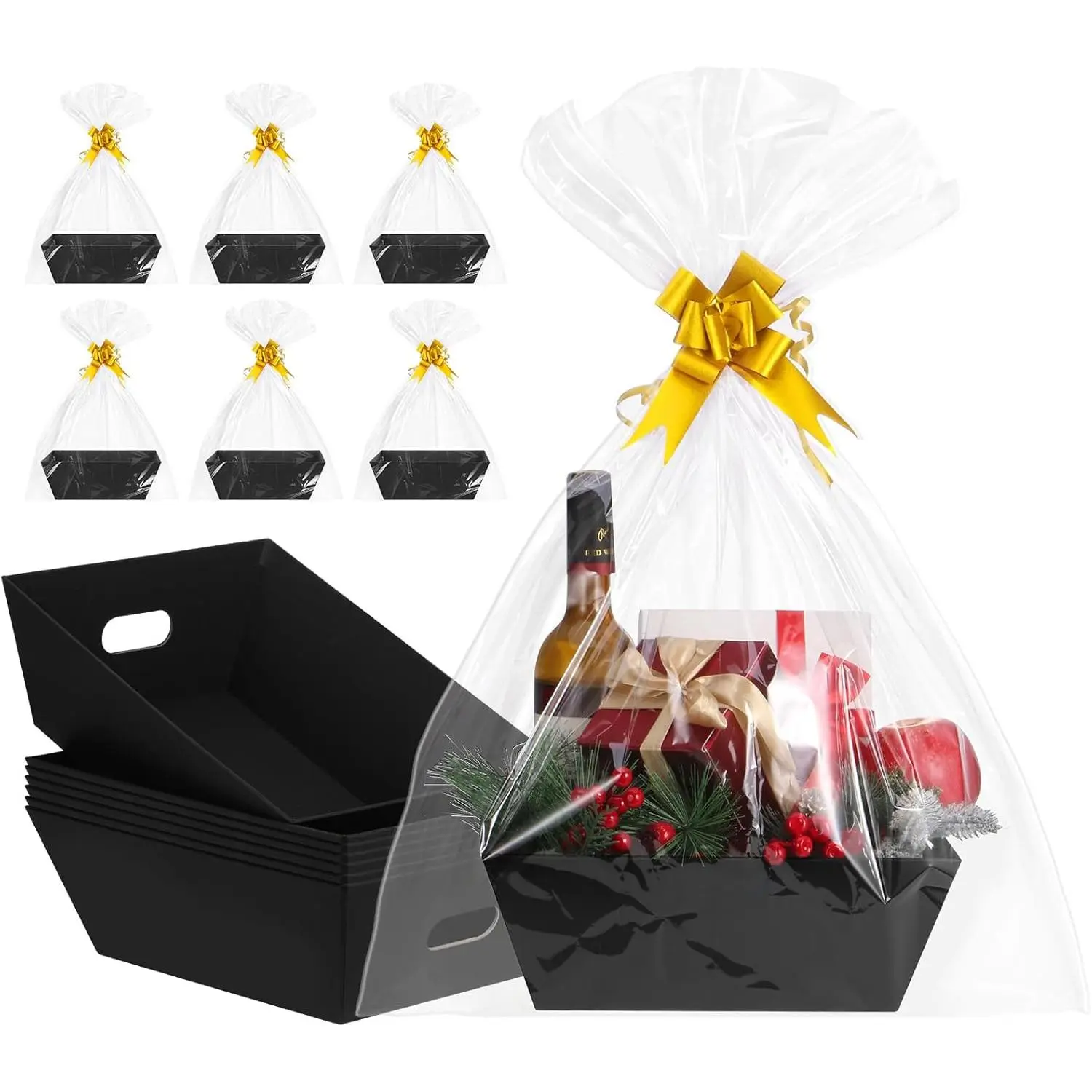 10PACK Black Baskets For Gifts Empty, 10x12"Thick   Basket with 10 Bows 10 Bags Empty  Baskets for Christmas, Easter, Birthdays, Snacks, Farmers Market