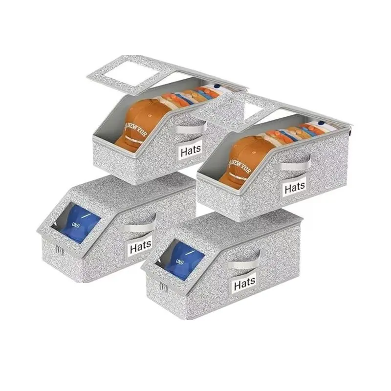 Eco-Friendly Cardboard Hat Storage Box with PVC Window, Collapsible Dustproof Stackable Home Organizer, 16.14×8.66×6.57 Inches, Name Card Slot, Holds Up to 24 Hats for Men’s Closet/Car Trunks #hat#hatorganizer#hatstorage (See Caps at Glance), Smooth, 1Pcs