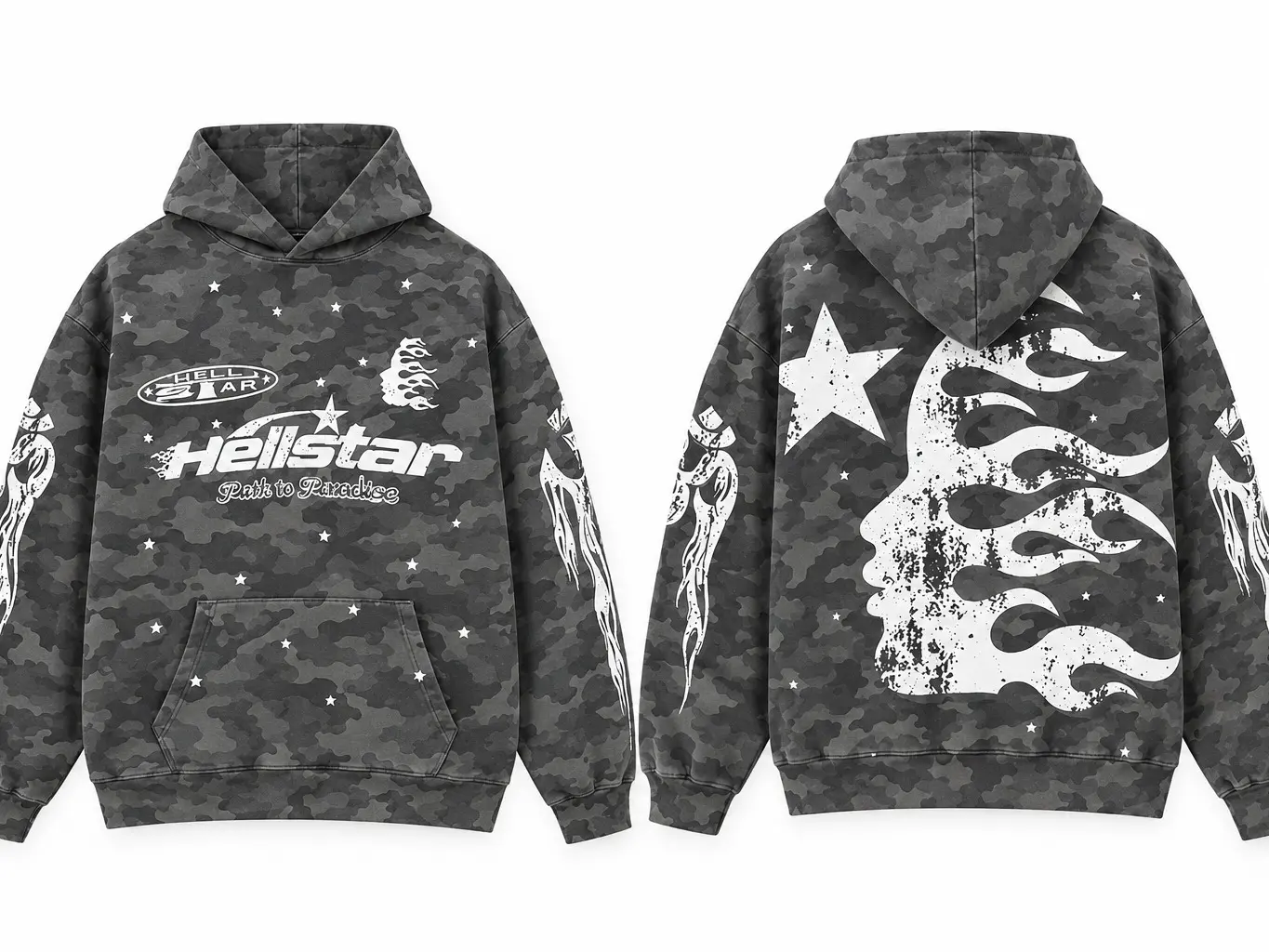 Hellstar Camo Flame Hoodie, 2 Design Vintage Graphic Hoodie, Oversized Y2K Streetwear Outfit for Men & Women