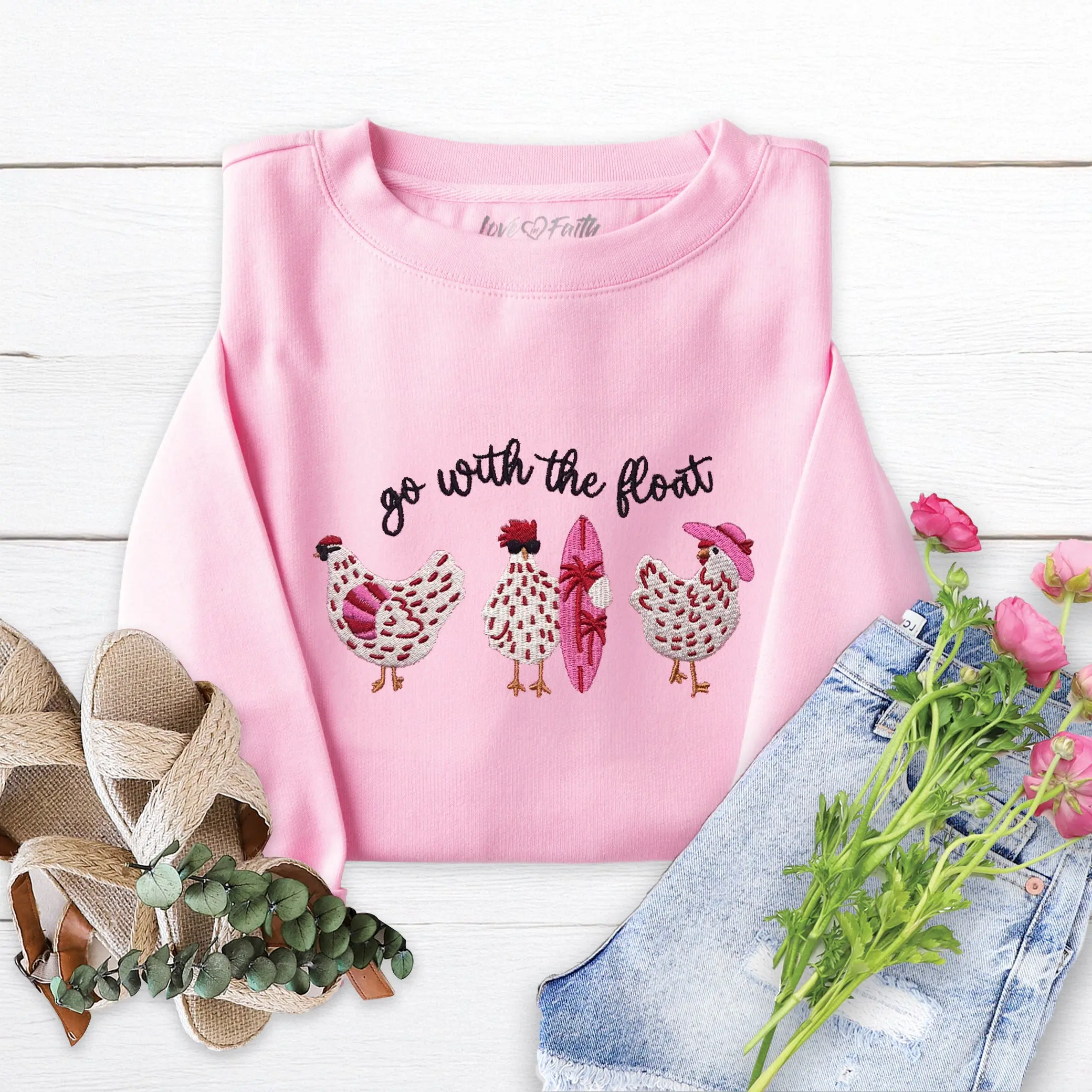 Go With the Float Embroidered Crewneck Sweatshirt - Heather Bubble Gum