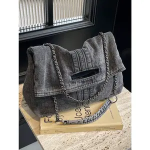 Denim Shoulder Bag Large Capacity Retro Crossbody Bag Chain Strap Underarm Bag Messenger Bag for Women Work Shopping Travel Denim Shoulder Handbag Retro Crossbody Bag Large Capacity Tote Purse Chain Strap Underarm Bag