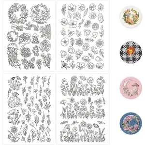 4 Sheets Stick &  Water Soluble Embroidery Paper -- Pre-Printed Floral Transfer Patterns, Wash- Stabilizer for Hand Embroidery, Beginners, Sewing & Fabric Crafts
