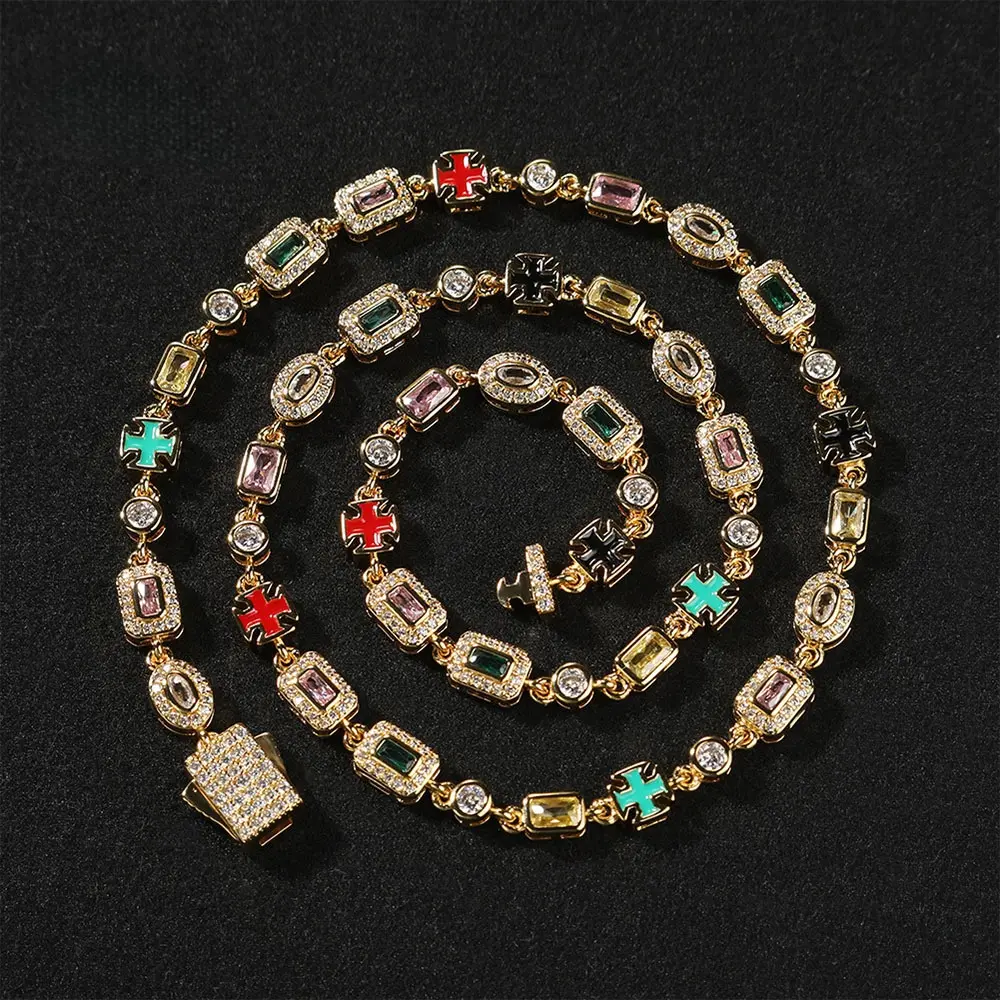 6MM Multicolored Cubic Zirconia Cross Bracelet Necklace for Women, 18K Gold Plated Colorful Gemstone Bracelet Iced Out Tennis Choker Necklace Hip Hop Jewelry for Men Women