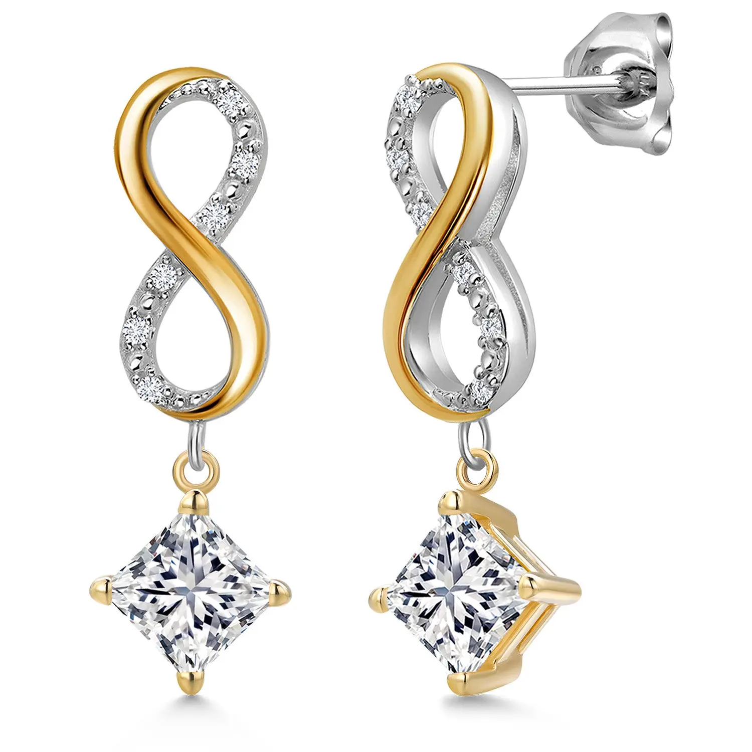 1.50 Cttw Lab Grown Diamond Dangle Earrings for Women | 925 Silver and 10K Yellow Gold | Gemstone April Birthstone | DEF Color | VVS-VS Clarity | Princess 5MM