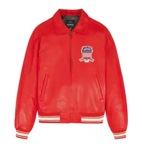 Men’s Red Leather Varsity Jacket Avirex Style Vintage Patch Bomber Zip-Up Streetwear Jacket