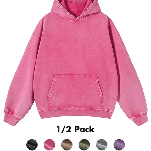 Holafish Women's Cute Oversized Hooded Pullover Hoodies - 1/2 Pack, Acid-Wash Finish, Polyester-Cotton Blend, Long Sleeves, Retro Vintage Plain Effect, Cozy Fit, Fall Winter Everyday Cover Tops