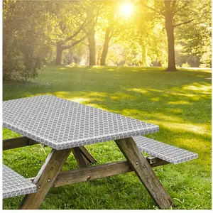 15-day Delivery Picnic Tablecovers with Bench Covers, Elastic Fitted Tablecloth for 6 Foot Tables, Polyester Tablecloths for Camping, Indoor & Outdoor (30x72 Inch, GreyMorocco)