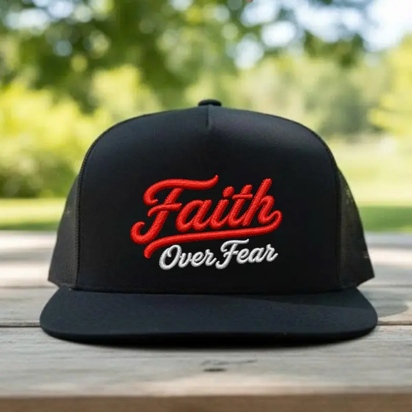Faith Over Fear Embroidered Trucker Hat – Christian Snapback Cap, Inspirational Bible Verse Mesh Hat for Men & Women