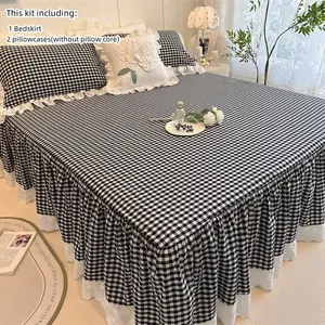 3-Piece French Ruffle Plaid Bed Skirt Set with Elastic Band, Includes 1 Bedskirt & 2 Pillowcases, Soft Comfortable Fabric for All Seasons