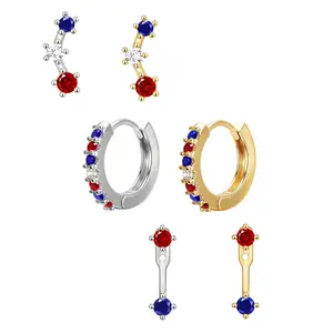 USA 250th Anniversary Inspired Red White Blue CZ Diamond Stud Earrings Set for Women, Eco-Friendly Copper Minimalist Sparkling Crystal Ear Stud Jewelry, 3-Piece Elegant Daily Wear Fashion Earrings, Gold & White Gold Tone