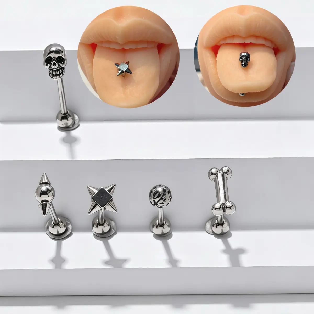 5pcs 14G Tongue Piercing Tongue Barbells Stainless Steel Skull Barballs Spike Barbells Rings For Women&Men 14G 16mm Accessories For Daily Wear
