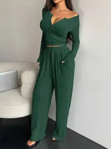 Women's Fashion Casual Sporty Solid Color Wide Leg Pants Slim Fit Sexy Two-Piece Set, Top, All Seasons Fitted Plain Style