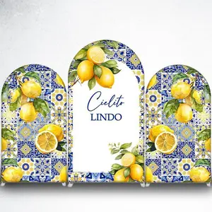 15-day 2D Flat Delivery Watercolor Lemon and Blue Tiles Arch Backdrop Cover for Summer Luau Party