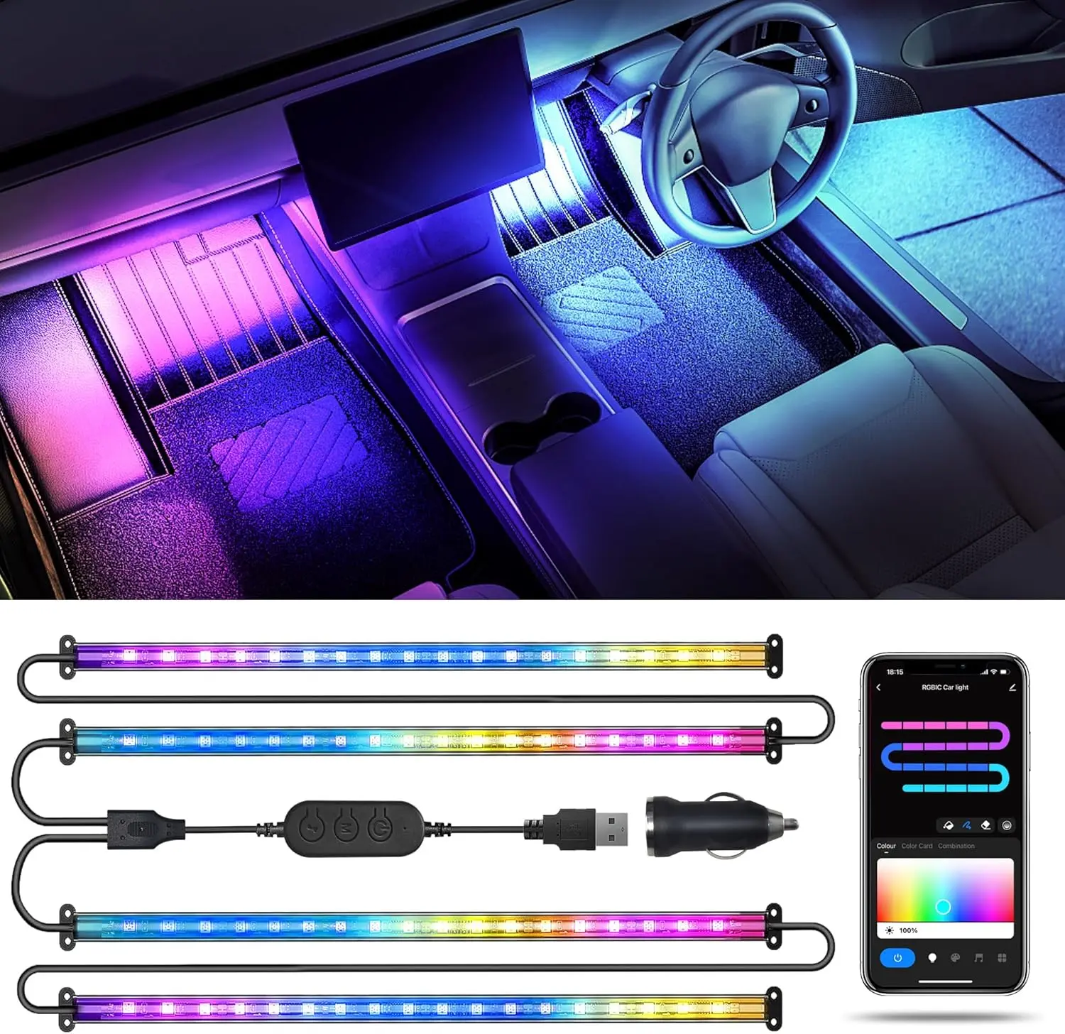RGB+IC Car LED Lights, Smart 72 LED Car Interior Lights with App Control, 16 Million Colors under Dash Light with Music Mode, Scene Mode, 2 Lines Design Light for Cars Suvs Trucks with Car Charger SUNLINKCO