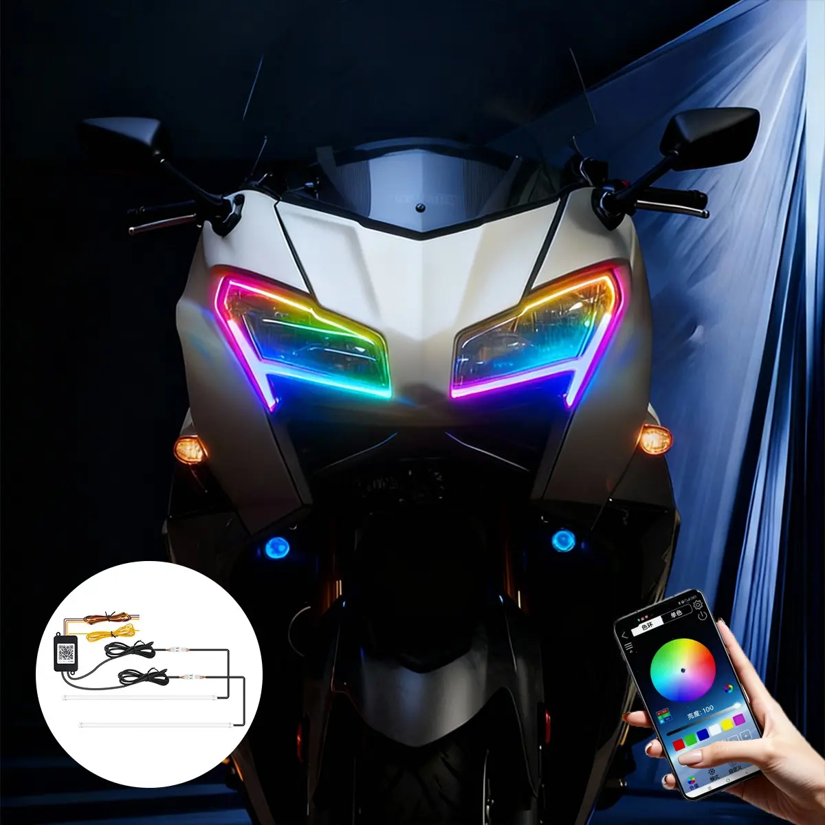Flowing Light DRL Iridescent RGB Strip,Bluetooth APP Music Sync Control,for Cars Motorcycles Multi-size,Car Headlight Decoration