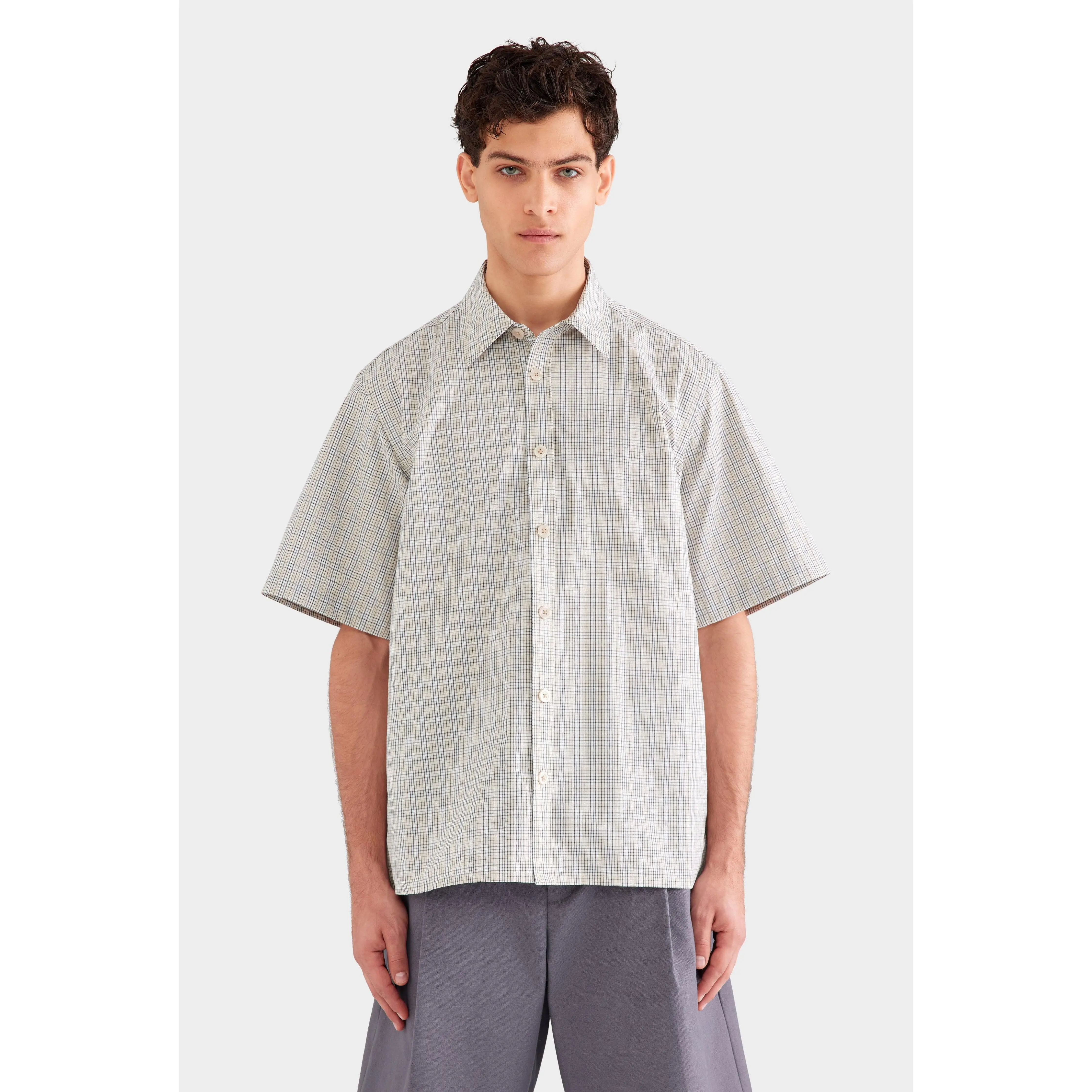 Oversized Cotton Check Short Sleeve Shirt - Beige Check