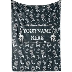 Personalized Skeleton Blanket For Kids, Teens, Or Adults, Large Plush Black Throw With Soft, Warm, Plush Fabric, White Skulls And Bones, Classic Goth, Gothic, Or Halloween Theme, (Sherpa 60X80)