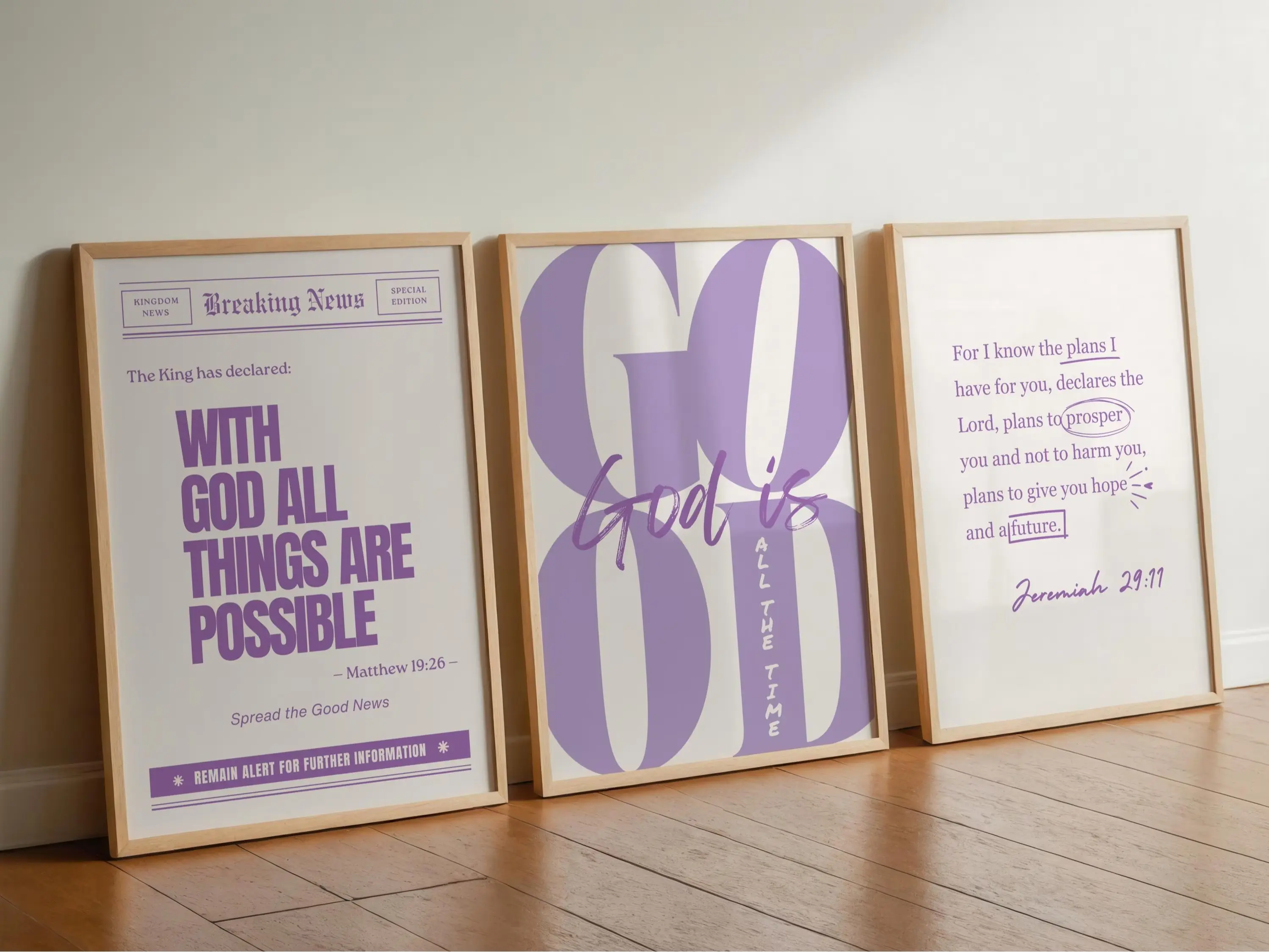 Set of 3 Purple Girly Christian Set of 3 poster Unframed Lavender God is Good All The Time Print Jeremiah 29 11 Wall Art With God all Things Are Possible