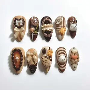 T229 Lynn Choco Bunny Café Press-On Nails, 3D Ribbon & Cookie Design, Creamy Brown Dessert Tones with Cute Animal Charms, Handcrafted Sweet Chocolate Nail Art Set, Gift for Her