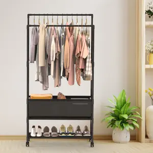 3-Tiered Portable Hanging Garment Rack - Iron Frame, Adjustable Height, Lockable Wheels, Rectangle ABS Storage Bag, Shoe Storage Compatible, Wall-Mountable Option, Women's Clothes Organizer for Bedroom, Living Room
