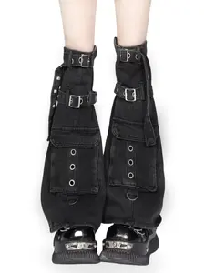 Unique Black Multi-Pocket Drawstring Adjustable Y2K Utility Style Baddie Flared Stackable Sock Sleeves Slimming Design High Street Trendy Leg Warmers