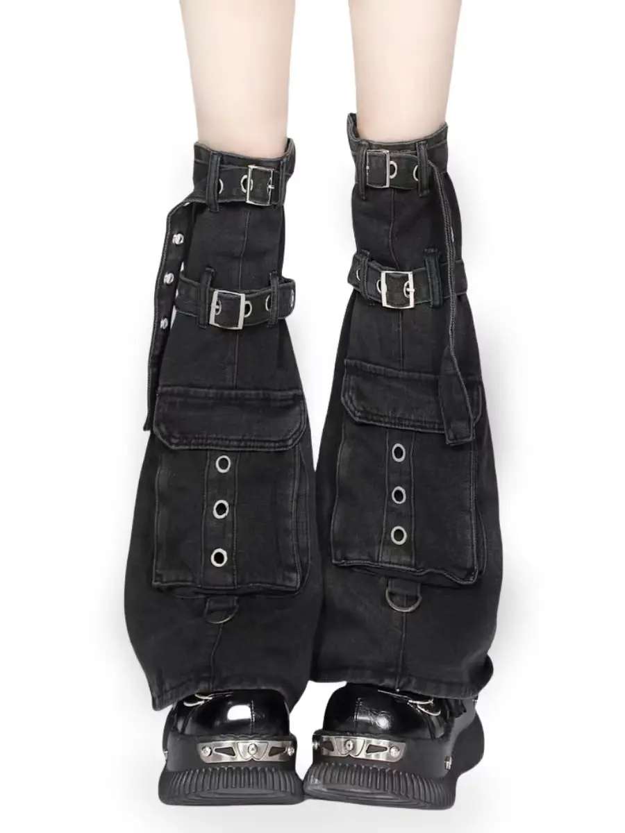 Unique Black Multi-Pocket Drawstring Adjustable Y2K Utility Style Baddie Flared Stackable Sock Sleeves Slimming Design High Street Trendy Leg Warmers