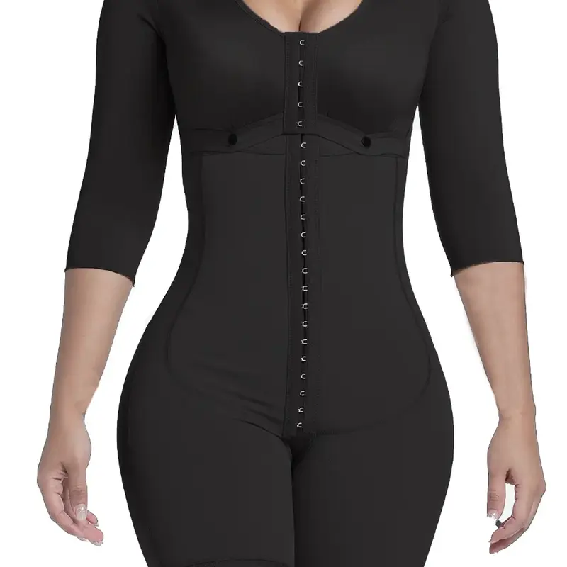 Women's Long Sleeve Round Neck Body Shaper Suit, Abdomen Control Bodysuit, Knit Shapewear, Soft Underwear, Womenswear, Front Button Design, Dual Buckle Closure, Strong Waist Cinching, Fall & Winter Essential, Basic
