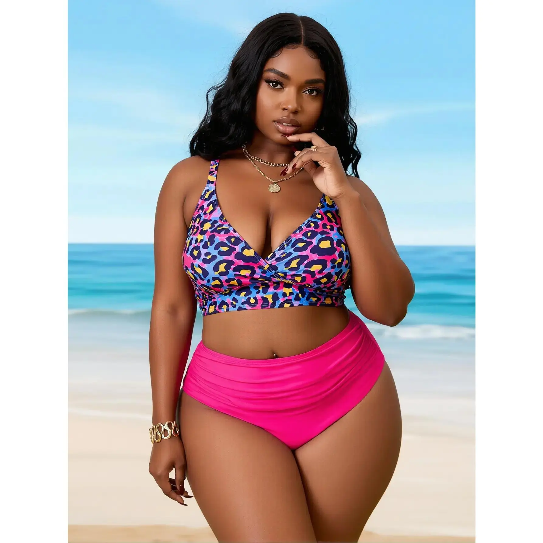 Women's Pink Leopard Print V-Neck 2-Piece Bikini Set - High Waisted Tummy Control Bottoms for a Flattering Chic Look (Sizes XL-4XL), Leopard Print Swimsuit, Tropical Print Bikini