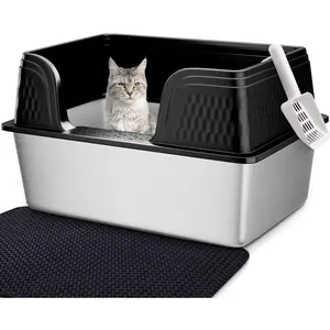 XXL Stainless Steel  Litter Box High Sided with Lid 23.7" L x 16" W x 12" H Side Entry  Metal  Litter Pan with Scoop and Mat for Big Cats Black