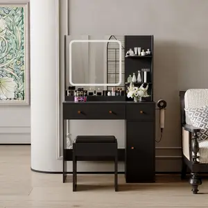 Vanity Desk with Mirror and Lights – Power Outlet, Makeup Vanity Table Set with Storage Drawers, Shelves, Cabinet & Chair – 3 Lighting Modes & Adjustable Brightness – Dressing Table for Bedroom