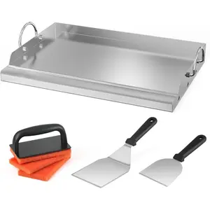 Griddle and Cooking Tool Kit, 23"x16" Outdoor Flat Top Griddle Plate with BBQ Scraper, Spatula and Scouring Pad for Gas and Charcoal Grills
