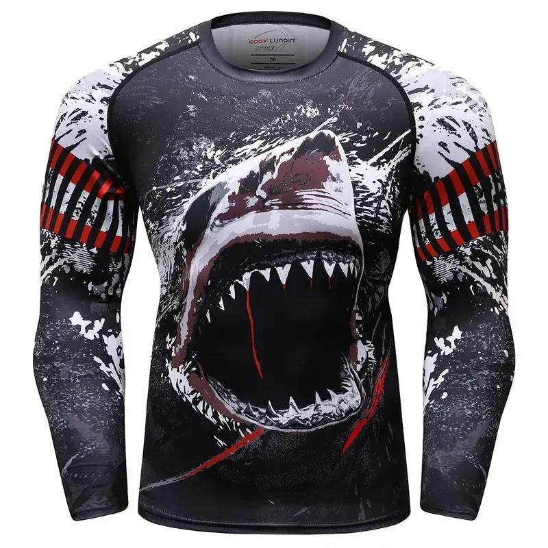 Men's Sports Fitness Shark Print Long Sleeve Compression Top Elastic Breathable Workout Clothing Casual Daily Wear