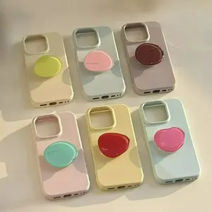 Korean Style Simple Solid Colors With Phone Holder Stand Case For iPhone 17 16 15 14 13 12 Pro Max Shockproof Protective Cover﻿