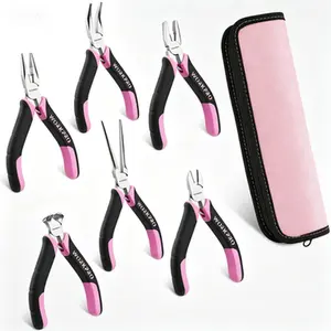 6-Piece Mini Pliers Set for Crafts and Electronics, Long Nose Pliers, Bent Nose, Diagonal Cutters, End Cutting and Linesman Pliers, Reusable with Storage Pouch - Pink Ribbon Design
