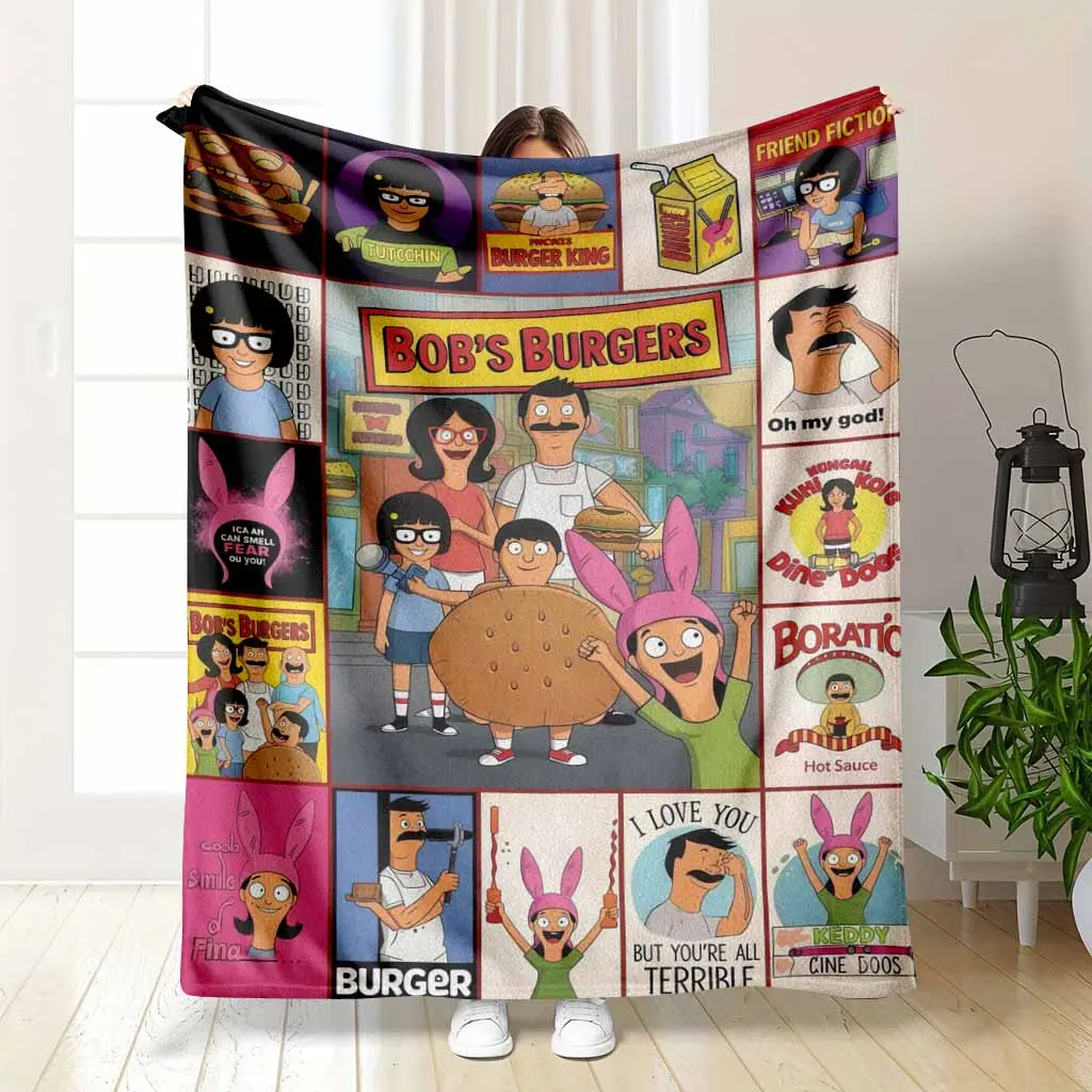 Bob's Burgers Flannel Blanket - Flannel Material, Unique Character Print Belcher Family Collage, Bob Linda Tina Gene Louise Cartoon Mashup Art, Soft Warm Fuzzy Throw for Bedroom, Sofa, Funny Gift