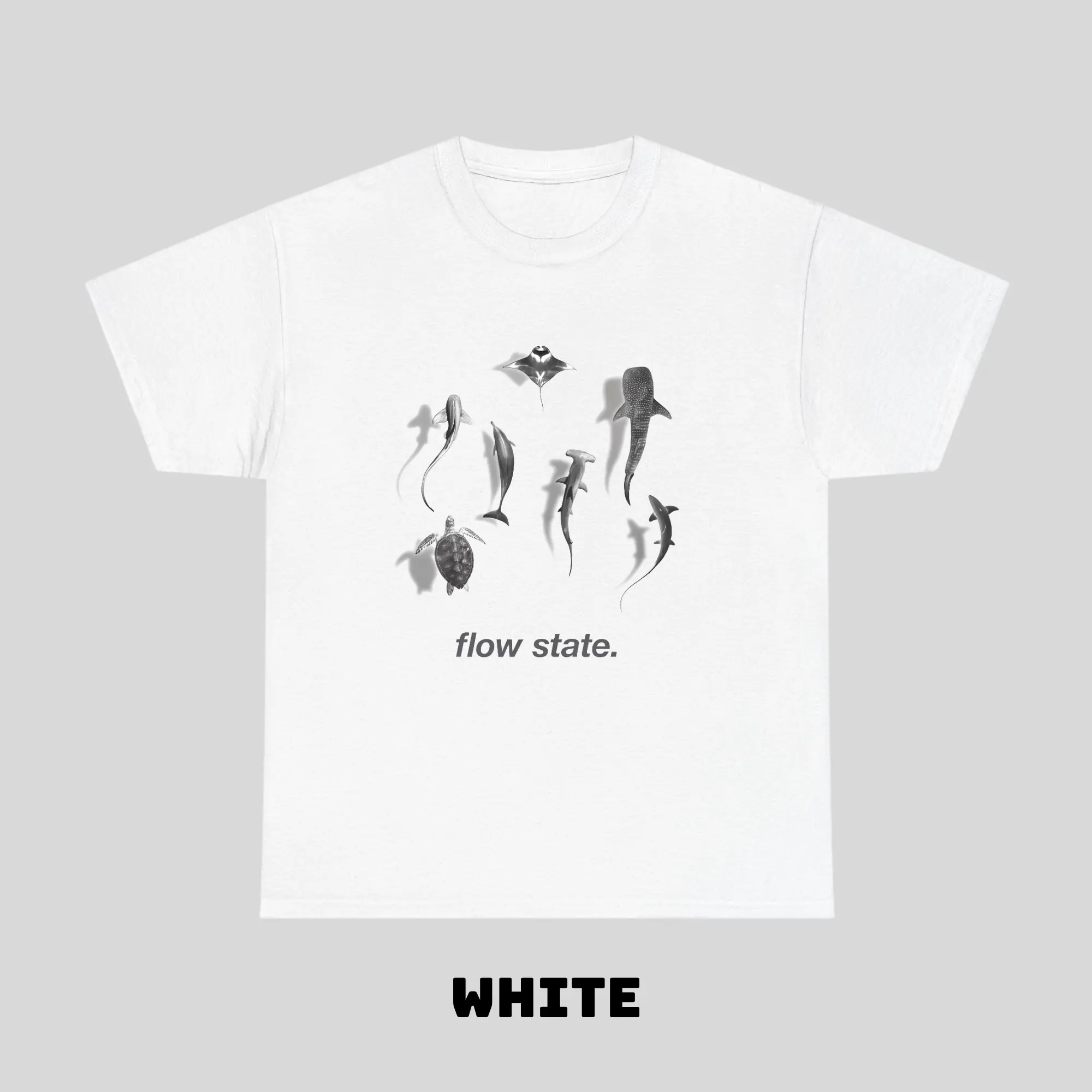 Flow State T-shirt - Shark, Turtle, Dolphin, Hammerhead, Ray, Minimal Ocean Animals Graphic Tee, Unisex Cotton Streetwear, Aesthetic Calm Mind Tee