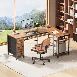 Huuger 55/63 Inch L Shaped Desk with Drawers, Reversible Computer Gaming Desk with Power Outlets and USB-C Port, Adjustable Side Storage Shelves, for Work Study Corner Home Office