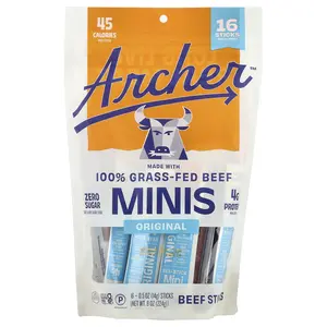 Country Archer Jerky Grass-Fed Beef Sticks Minis, Original , 16 Sticks, 0.5 oz (14 g) Each